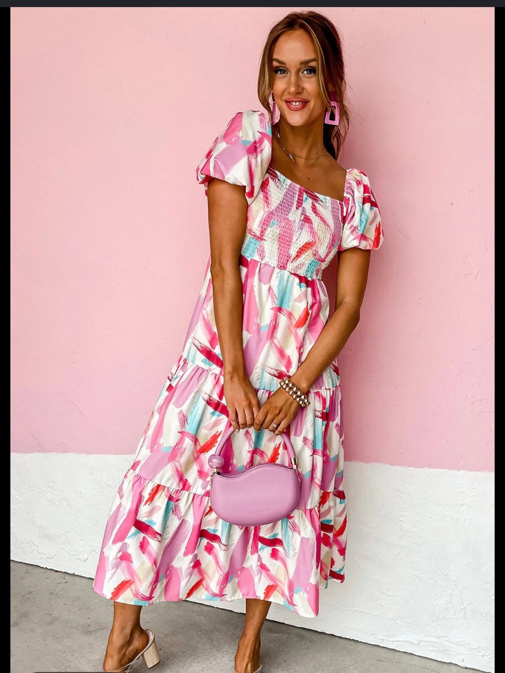 Pink Brush-Stroke Smocked Puff-Sleeve Maxi Dress